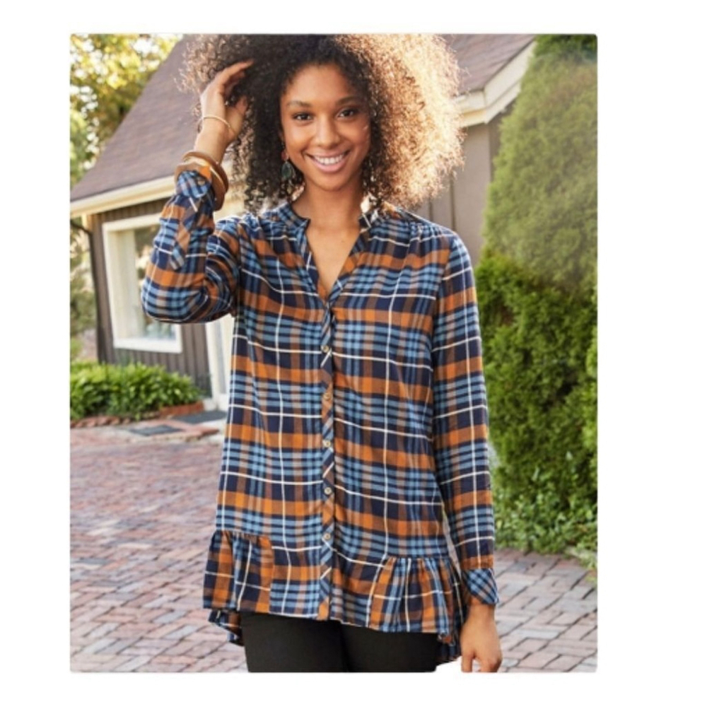 Matilda Jane Cozy Plaid Oversized Ruffled General Store Flannel Tunic S